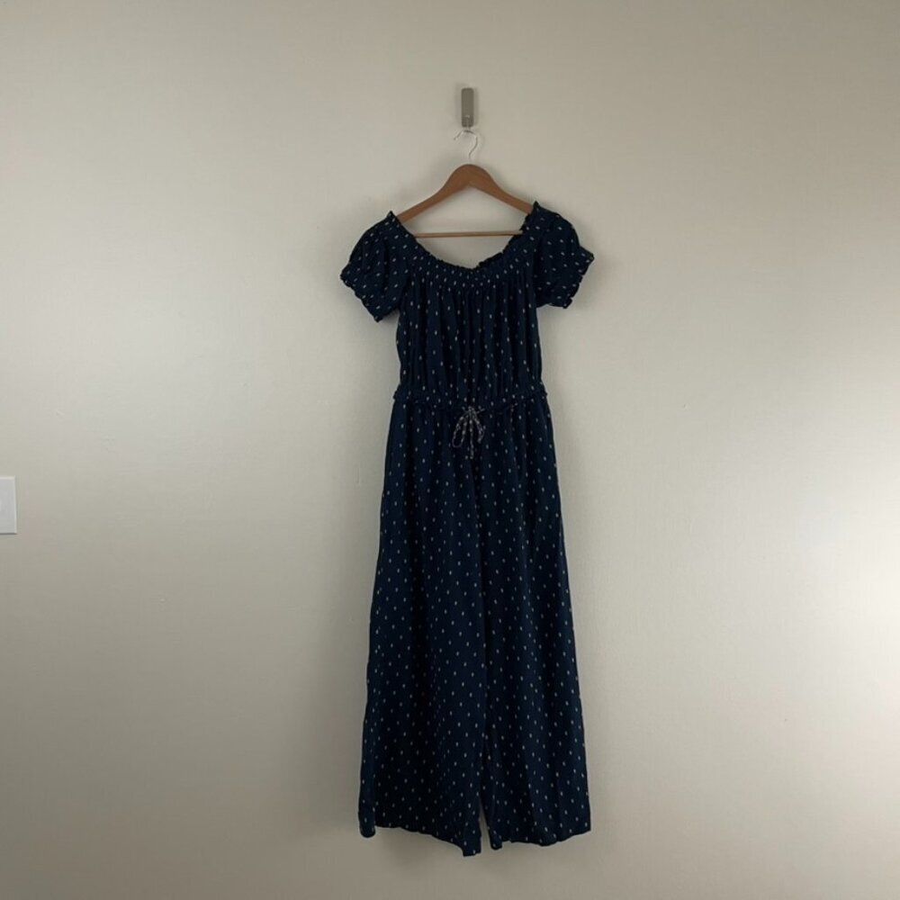 Anthropologie Findley Navy Printed Off the Shoulder Jumpsuit Size Small